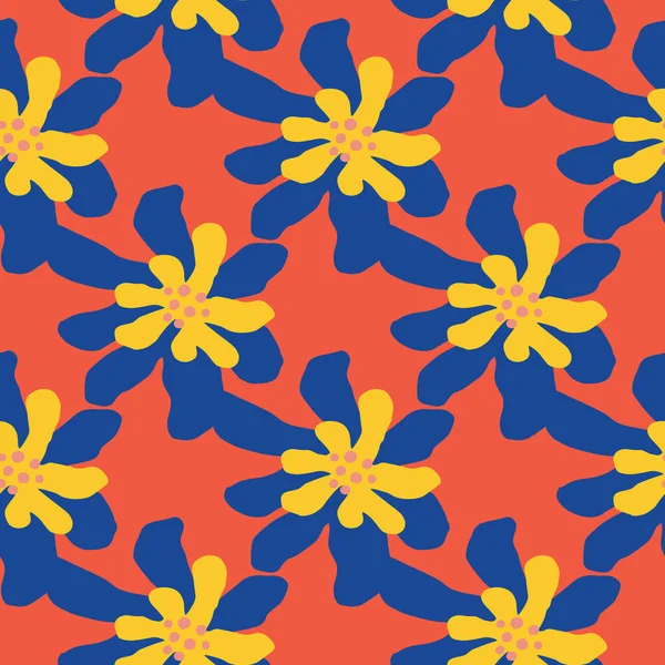 Żółty Niebieski Jasny Stokrotka Kwiaty Kształty Bezszwowe Wzór Czerwone Tło — Wektor stockowy