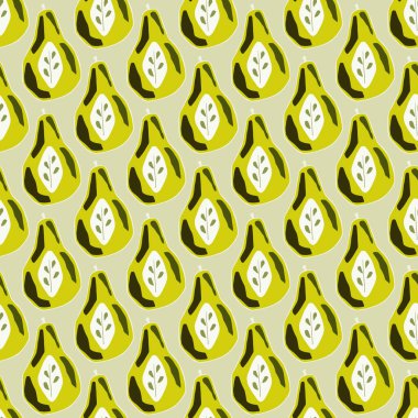 Küçük armut karalama süsüsüyle soyut, parlak, kusursuz bir baba. Sarı soluk palet çizimi. Mevsimlik tekstil baskıları, kumaş, afişler, arkaplanlar ve duvar kağıtları için vektör illüstrasyonu.