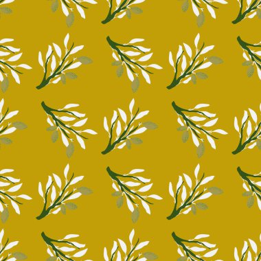 Beyaz dalları ve limon siluetleri olan kusursuz yaz yemekleri. Sarı soluk arkaplan. Tekstil, kumaş, hediye paketi, duvar kağıtları için düz vektör baskısı. Sonsuz illüstrasyon.