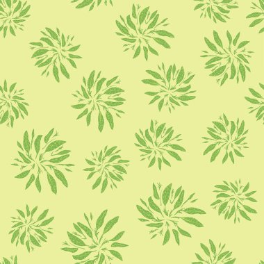 Tropikal basit siluetler rastgele şekiller bırakır. Açık sarı arkaplan. Çizgi film yaprakları. Stok çizimi. Tekstil, kumaş, hediye paketi, duvar kağıtları için vektör tasarımı.