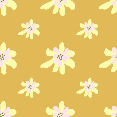 Açık sarı, sade çiçek süsüsüyle minimalist, pürüzsüz bir desen. Ocher 'ın geçmişi. Mevsimlik tekstil baskıları, kumaş, afişler, arkaplanlar ve duvar kağıtları için vektör illüstrasyonu.