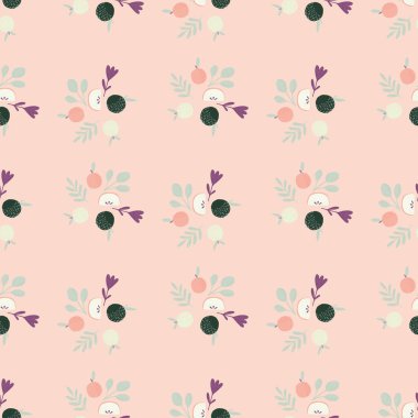 Basit elma siluetleri ve yaprak süsüsüyle karikatürsüz yaz deseni. Pembe arka plan. Stok çizimi. Tekstil, kumaş, hediye paketi, duvar kağıtları için vektör tasarımı.