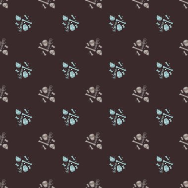 Yaratıcı kafatası ve koyu kahverengi arka planda kemik mavisi şekilleri olan kusursuz, korkunç bir şekil. Stok çizimi. Tekstil, kumaş, hediye paketi, duvar kağıtları için vektör tasarımı.