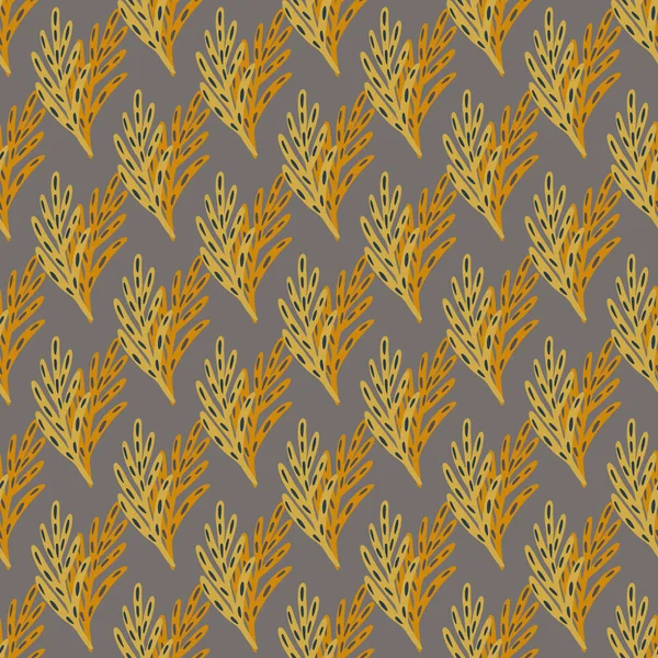 植物性のオレンジ色の葉の小枝のシルエットと秋のシームレスパターン 灰色の背景 シンプルなデザイン テキスタイル ファブリック ギフトラップ 壁紙のためのフラットベクトルプリント エンドレスイラスト — ストックベクタ
