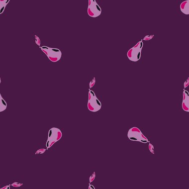 Mor renklerde armut süsüsü olan minimalist tarzda karikatür meyvesiz desen. Kağıt ve kumaş dokuları için grafiksel tasarım. Vektör İllüstrasyonu.