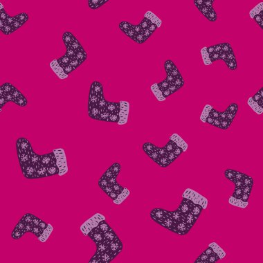 Kışın pürüzsüz deseni ve mor renkli kış çoraplarının izi. Pembe parlak arka plan. Rastgele parmak izi. Mevsimlik tekstil baskıları, kumaş, afişler, arkaplanlar ve duvar kağıtları için vektör illüstrasyonu.