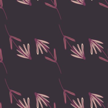 Minimalist stil, botanik çiçek siluetleriyle koyu ve pürüzsüz desen. Mor soluk arkaplan. Mevsimlik tekstil baskıları, kumaş, afişler, arkaplanlar ve duvar kağıtları için vektör illüstrasyonu.