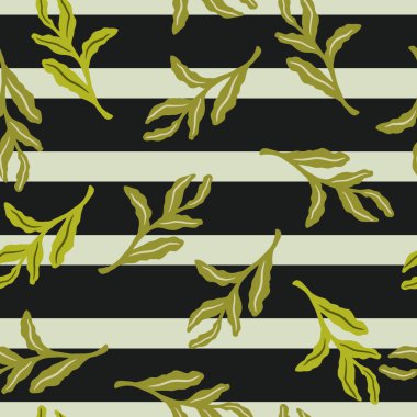 Rastgele çizilmiş yeşil karalamalar iz bırakmaz. Koyu çizgili arka planda tropik şekiller. Tekstil, kumaş, hediye paketi, duvar kağıtları için düz vektör baskısı. Sonsuz illüstrasyon.