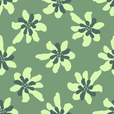 Pastel, çiçek siluetleriyle klasik, dikişsiz desen çizer. Turkuaz ışık arka planı. Mevsimlik tekstil baskıları, kumaş, afişler, arkaplanlar ve duvar kağıtları için vektör illüstrasyonu.