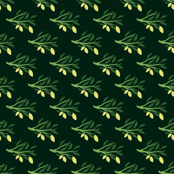 ドードル漫画緑の枝と黄色のレモンと対照的なシームレスなフルーツパターン 黒の背景 テキスタイル ファブリック ギフトラップ 壁紙のためのフラットベクトルプリント エンドレスイラスト — ストックベクタ