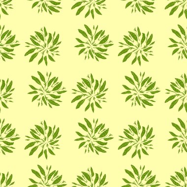 Parlak yeşil yapraklı siluetleri olan kusursuz karalama deseni. Açık sarı arkaplan. Stok çizimi. Tekstil, kumaş, hediye paketi, duvar kağıtları için vektör tasarımı.