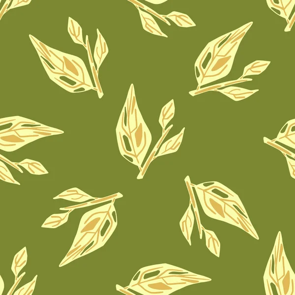Естественный Бесшовный Узор Простыми Каракулями Желтых Листьев Орнамент Зеленом Фоне — стоковый вектор