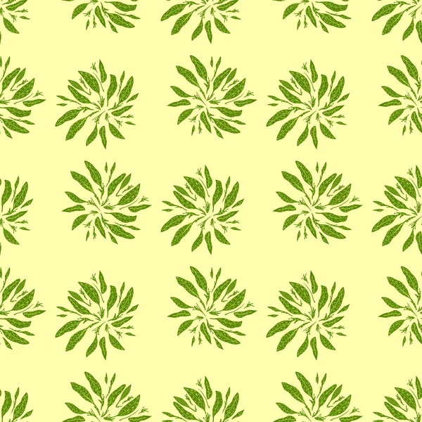 Parlak yeşil yapraklı siluetleri olan kusursuz karalama deseni. Açık sarı arkaplan. Stok çizimi. Tekstil, kumaş, hediye paketi, duvar kağıtları için vektör tasarımı.