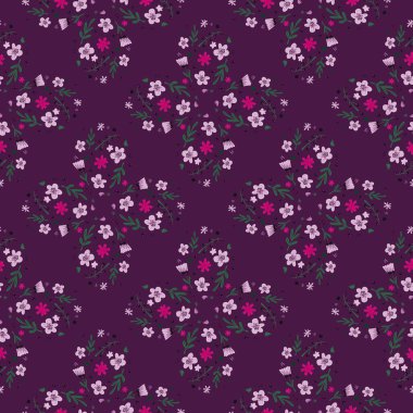 Çayır çiçeği süsü ve yaprak elementleriyle klasik, dikişsiz desen. Mor parlak arkaplan. Kağıt ve kumaş dokuları için grafiksel tasarım. Vektör İllüstrasyonu.