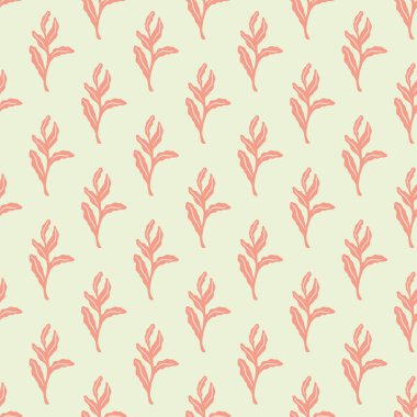 Pembe renkli şirin yaprak dalları siluetleri pürüzsüz desen. Açık gri arkaplan. Flora baskısı. Tekstil, kumaş, hediye paketi, duvar kağıtları için düz vektör baskısı. Sonsuz illüstrasyon.