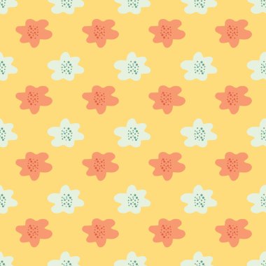 Turuncu ve beyaz renkli çiçekler basit tasarım kusursuz desen. Pastel sarısı arka plan. Karikatür doğa baskısı. Stok çizimi. Tekstil, kumaş, hediye paketi, duvar kağıtları için vektör tasarımı.