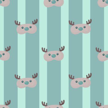 Geyik başı grisi, koyu boynuzları, çizgili açık mavi arka planda geometrik, pürüzsüz deseni var. Çocukların grafik tasarım elementleri farklı amaçlar için. Düz vektör illüstrasyonu.