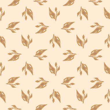 Bej yaprak dalları olan soyut botanik ve dikişsiz desen. Hafif arkaplan. Kağıt ve kumaş dokuları için grafiksel tasarım. Vektör İllüstrasyonu.