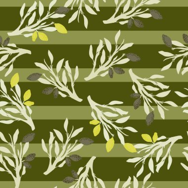 Beyaz dallar ve sarı limonlar elle çizilmiş şekiller. Yeşil çizgili arka plan. Tekstil, kumaş, hediye paketi, duvar kağıtları için düz vektör baskısı. Sonsuz illüstrasyon.