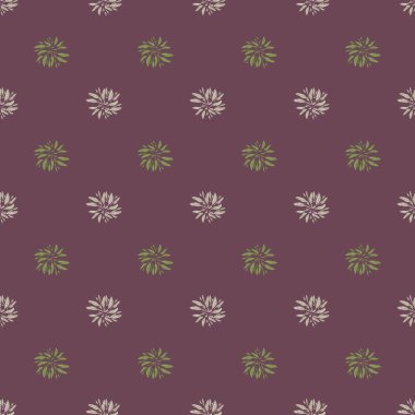 Yeşil ve beyaz yapraklarla çizilmiş el izi siluet bırakır. Soluk mor arka plan. Stok çizimi. Tekstil, kumaş, hediye paketi, duvar kağıtları için vektör tasarımı.