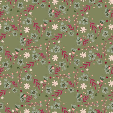 Çiçekli ve siluetli kusursuz klasik desenler. Yeşil zeytin soluk arkaplan. Kağıt ve kumaş dokuları için grafiksel tasarım. Vektör İllüstrasyonu.