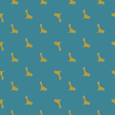 Soyut karalama yapan çocuklar, küçük sarı zürafa siluetleri olan kusursuz desenler. Mavi arka plan. Mevsimlik tekstil baskıları, kumaş, afişler, arkaplanlar ve duvar kağıtları için vektör illüstrasyonu.