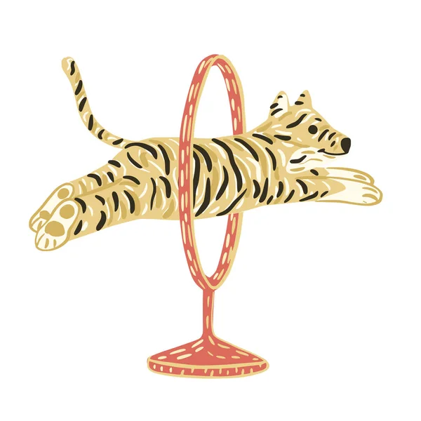 老虎跳过马戏团圈 与白色背景隔离 带条纹的狩猎中的可爱角色 Doodle矢量说明 — 图库矢量图片