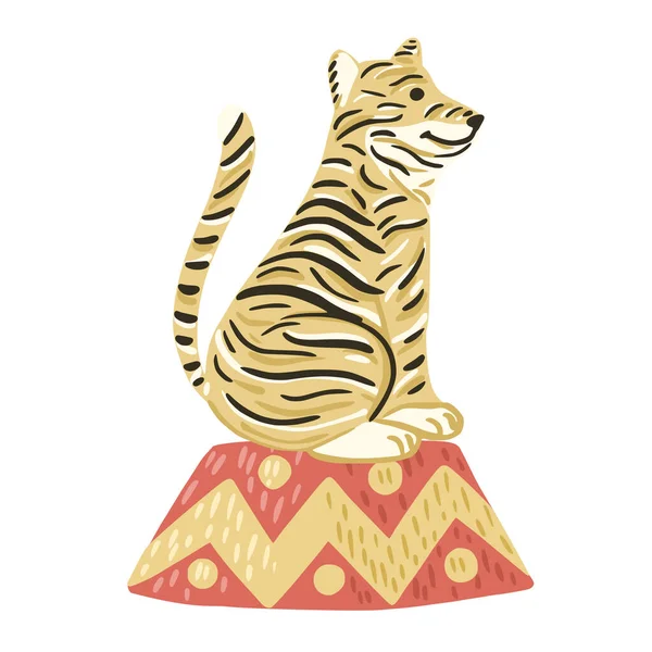 Tigre Sienta Trapecio Circo Aislado Sobre Fondo Blanco Lindo Personaje — Vector de stock