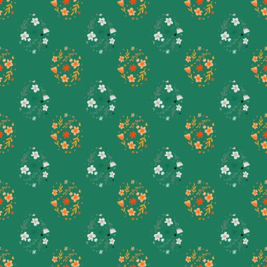 Küçük çiçekler ve yapraklarla çizilmiş modern, pürüzsüz karalama deseni. Yeşil arka plan. Kağıt ve kumaş dokuları için grafiksel tasarım. Vektör İllüstrasyonu.