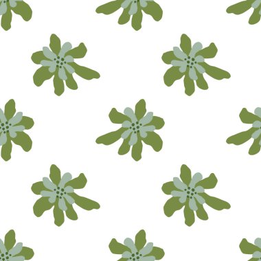 Soyut yeşil ve mavi renkli çiçek süsüsüyle kusursuz izole bir desen. Beyaz arka plan. Mevsimlik tekstil baskıları, kumaş, afişler, arkaplanlar ve duvar kağıtları için vektör illüstrasyonu.