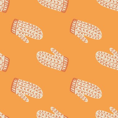 Kırmızı süslemesiz karalama desenli beyaz eldivenler. Turuncu parlak arka plan. Mevsim kış baskısı. Kağıt ve kumaş dokuları için grafiksel tasarım. Vektör İllüstrasyonu.