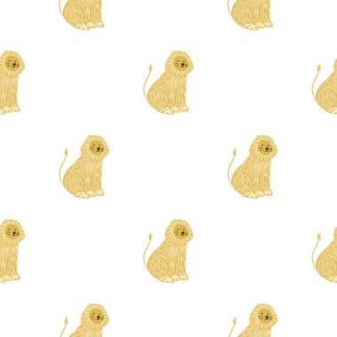 Egzotik bej aslan süsüsüyle izole edilmiş karalama deseni. Beyaz arka plan. Tropik parmak izi. Kağıt ve kumaş dokuları için grafiksel tasarım. Vektör İllüstrasyonu.