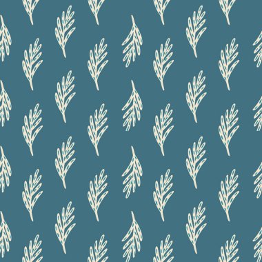 Beyaz karalamalı, soyut, pürüzsüz doğa deseni dalları şekillendirir. Açık lacivert arka plan. Tekstil, kumaş, hediye paketi, duvar kağıtları için düz vektör baskısı. Sonsuz illüstrasyon.