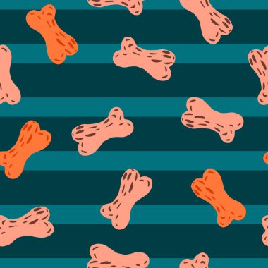 Pembe ve turuncu rastgele kemikler, kusursuz karalama desenleri. Deniz mavisi çizgili arka plan. Yavru oyuncakların baskısı. Stok çizimi. Tekstil, kumaş, hediye paketi, duvar kağıtları için vektör tasarımı.