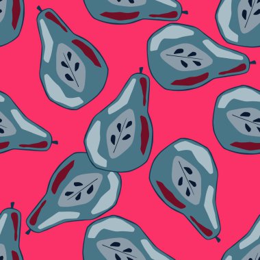 Rastgele lacivert armut yarım şekilli süslemesiz desen. Pembe parlak arka plan. Mevsimlik tekstil baskıları, kumaş, afişler, arkaplanlar ve duvar kağıtları için vektör illüstrasyonu.