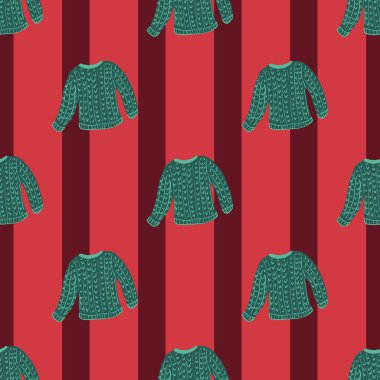 Elle çizilmiş yeşil, rahat, dikişsiz süveter deseni. Kırmızı çizgili arka plan. Mevsimlik tekstil baskıları, kumaş, afişler, arkaplanlar ve duvar kağıtları için vektör illüstrasyonu.