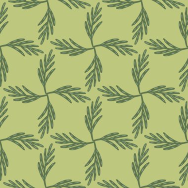 Botanik yaprak dalları siluetleriyle geometrik kusursuz desen. Pastel arka plan. Yaratıcı tasarım. Tekstil, kumaş, hediye paketi, duvar kağıtları için düz vektör baskısı. Sonsuz illüstrasyon.