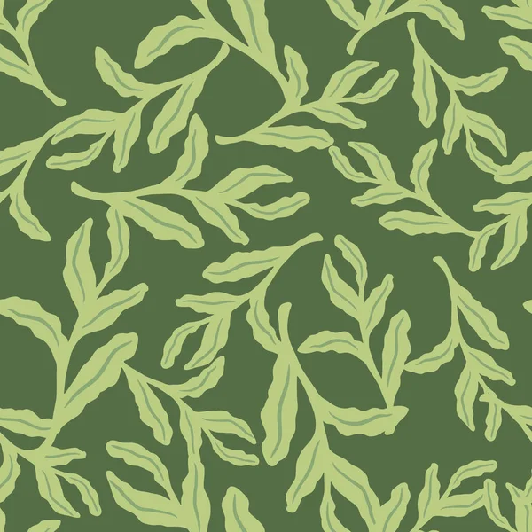Zufällige Nahtlose Muster Mit Hellgrünen Zweigen Silhouetten Grüner Hintergrund Laubdruck — Stockvektor