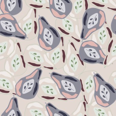 Yarım armut silueti, parlak pastel tonlarda kusursuz desen. Organik fon. Mevsimlik tekstil baskıları, kumaş, afişler, arkaplanlar ve duvar kağıtları için vektör illüstrasyonu.