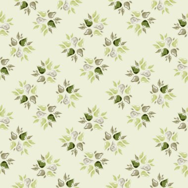 Armut ve yaprak şekilli organik sonbahar hasat deseni. Gri ışık arka planı. Stok çizimi. Tekstil, kumaş, hediye paketi, duvar kağıtları için vektör tasarımı.