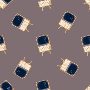 Retro anten TV 'nin kusursuz deseni elle çizilmiş. Koyu gri arka plan. Deniz mavisi medya süsü. Mevsimlik tekstil baskıları, kumaş, afişler, arkaplanlar ve duvar kağıtları için vektör illüstrasyonu.