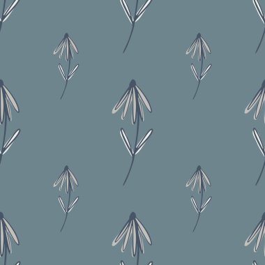 Basit stil, hatları çizilmiş çiçek şekilli, pürüzsüz desen. Açık mavi arka plan. Doğa eserleri. Tekstil, kumaş, hediye paketi, duvar kağıtları için düz vektör baskısı. Sonsuz illüstrasyon.