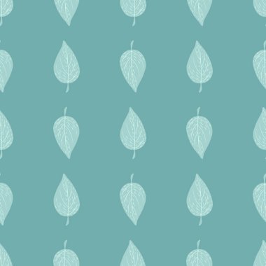 Yaprak siluetleriyle basit, pürüzsüz desenleri karala. Mavi pastel palet arka plan. Tekstil, kumaş, hediye paketi, duvar kağıtları için düz vektör baskısı. Sonsuz illüstrasyon.
