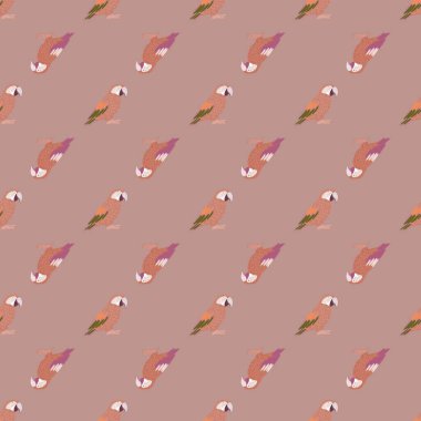 Pastel, pürüzsüz bir desen ve basit bir papağan süsü. Leylak arkaplan. Doodle hayvanat bahçesi baskısı. Stok çizimi. Tekstil, kumaş, hediye paketi, duvar kağıtları için vektör tasarımı.