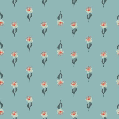 Saha çiçeği süsüsüyle küçük, pürüzsüz bir desen. Mavi arka plan. Botanik arka planı. Stok çizimi. Tekstil, kumaş, hediye paketi, duvar kağıtları için vektör tasarımı.