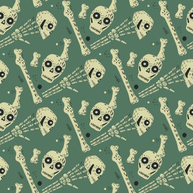 Sivri, ürkütücü gri kafatası ve kemik süsleme desenleri elde çizilmiş. Turkuaz pastel arka plan. Stok çizimi. Tekstil, kumaş, hediye paketi, duvar kağıtları için vektör tasarımı.