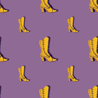 Sarı ayakkabı desenli, parlak çizgi film desenli, moda desenli. Mor arka plan. Sanat eserleri. Stok çizimi. Tekstil, kumaş, hediye paketi, duvar kağıtları için vektör tasarımı.