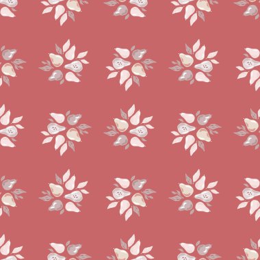 Vitamin açısından sağlıklı, dikişsiz, karalama armudu ve botanik yaprak izi. Pembe arka plan. Stok çizimi. Tekstil, kumaş, hediye paketi, duvar kağıtları için vektör tasarımı.