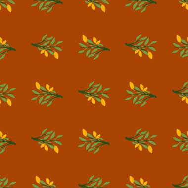 Yeşil limon dalları ve sarı meyvesiz botanik gıda deseni. Koyu kahverengi tuğlalı arka plan. Tekstil, kumaş, hediye paketi, duvar kağıtları için düz vektör baskısı. Sonsuz illüstrasyon.