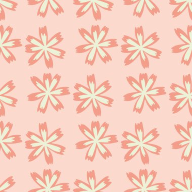 Bahar tarlası çiçek siluetleriyle hoş, pürüzsüz desen. Pembe palet çizimi. Basit bir tasarım. Tekstil, kumaş, hediye paketi, duvar kağıtları için düz vektör baskısı. Sonsuz illüstrasyon.